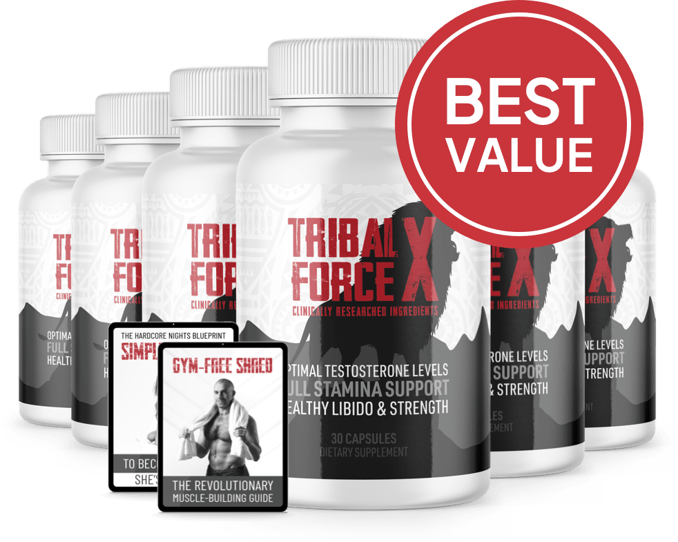 Tribal Force X 6-bottle supplement package with best value badge and bonus guides
